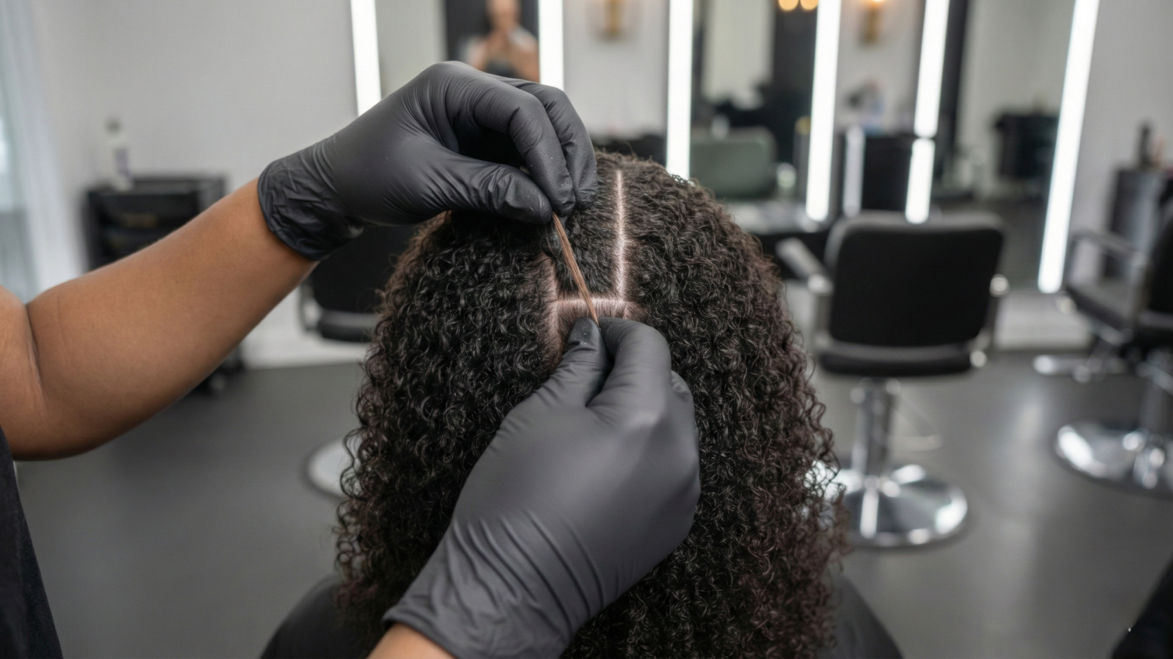 Close-up view of a master braider's hands demonstrating the feed-in technique for how to do african hair braiding styles in a professional salon.