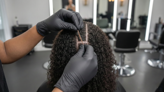 Close-up view of a master braider's hands demonstrating the feed-in technique for how to do african hair braiding styles in a professional salon.