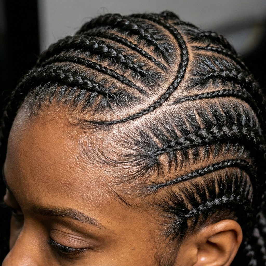 Close-up view of classic Lemonade braids showcasing the signature side-swept cornrows and precise geometric parting on the scalp.
