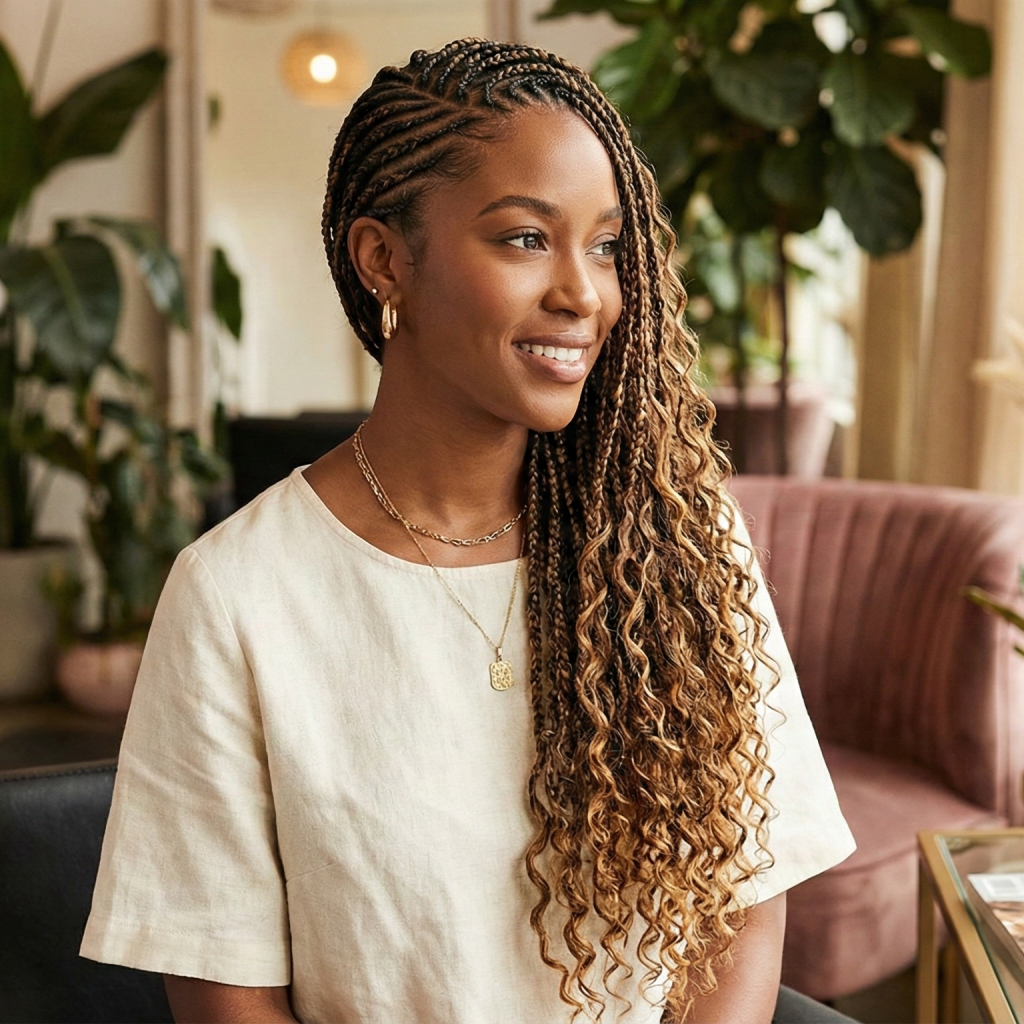 Waist-length boho Lemonade braids styled with a side part and intertwined with soft, loose curls and subtle highlighted ends.