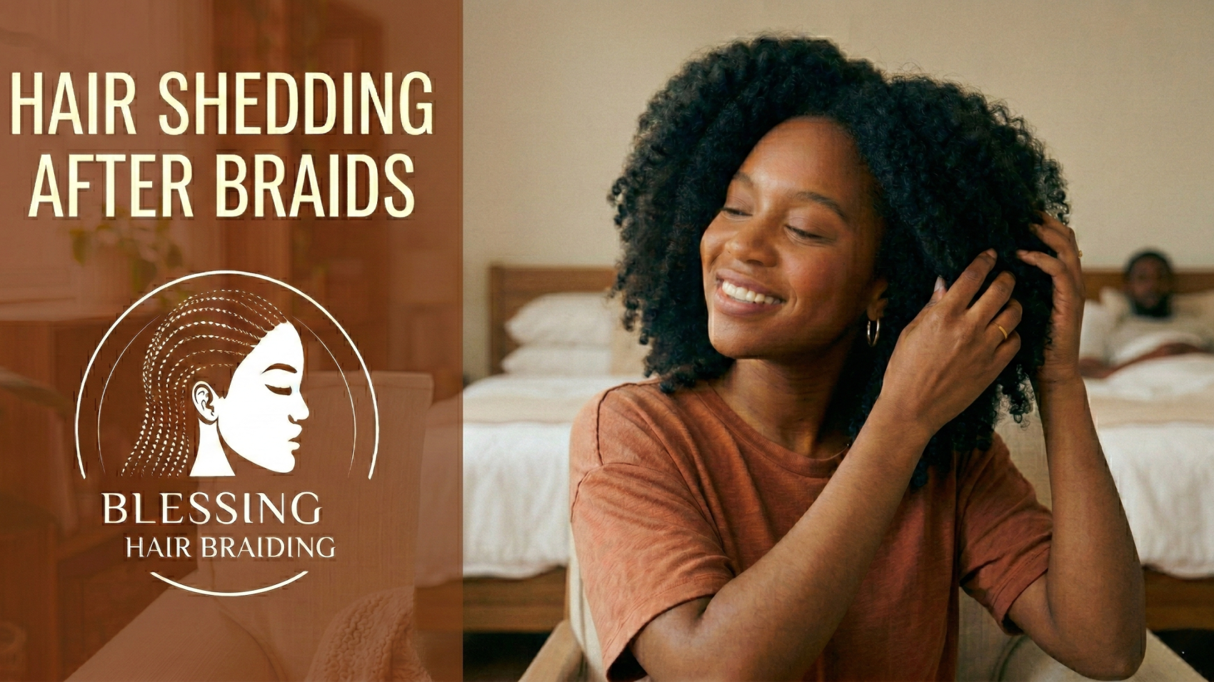 Black woman gently detangling natural hair after removing protective braids.