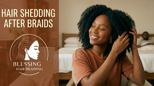 Black woman gently detangling natural hair after removing protective braids.